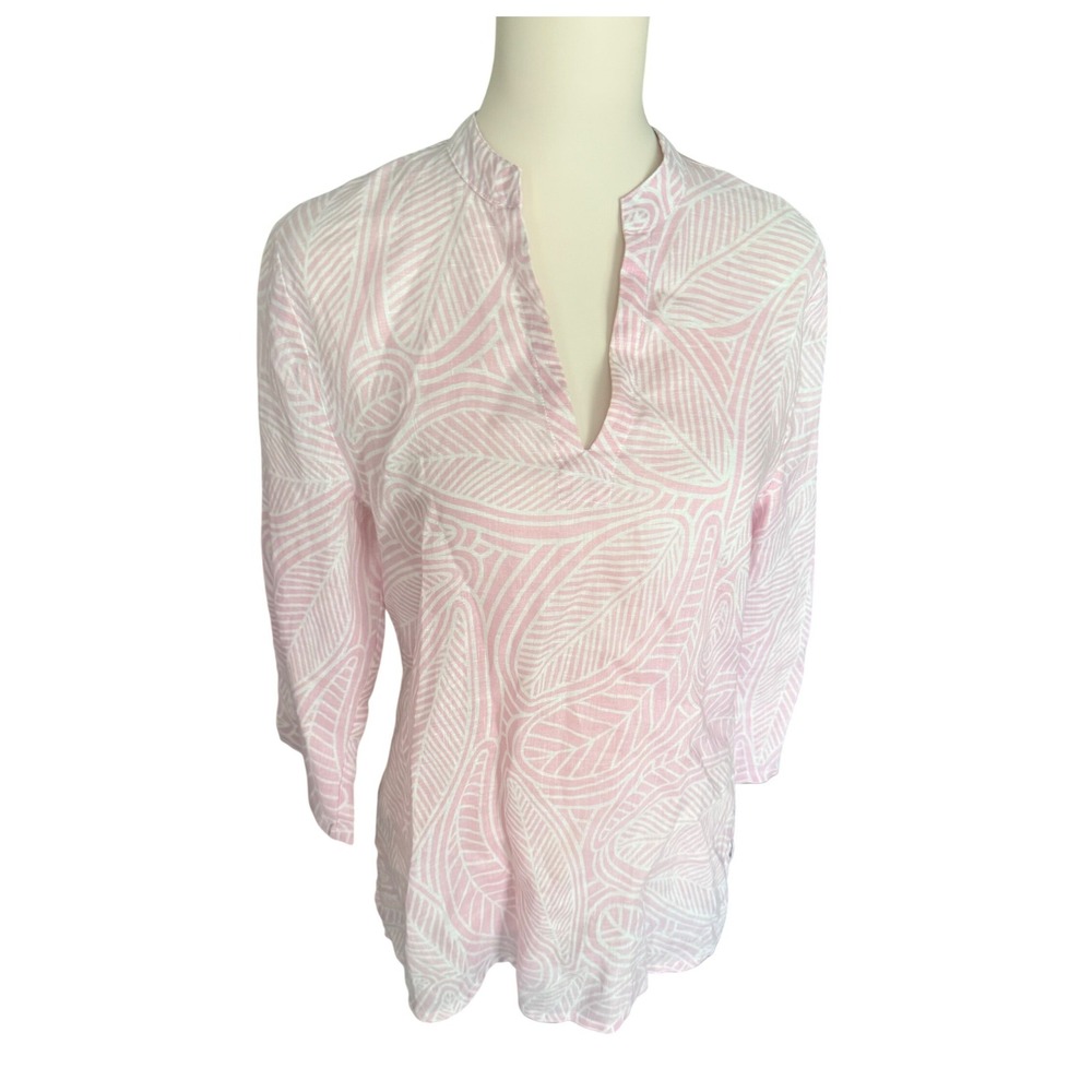 Island Company Mandarin Beach Tunic Pink White Leaf Print 100%‎ Linen Womens M - Picture 2 of 11
